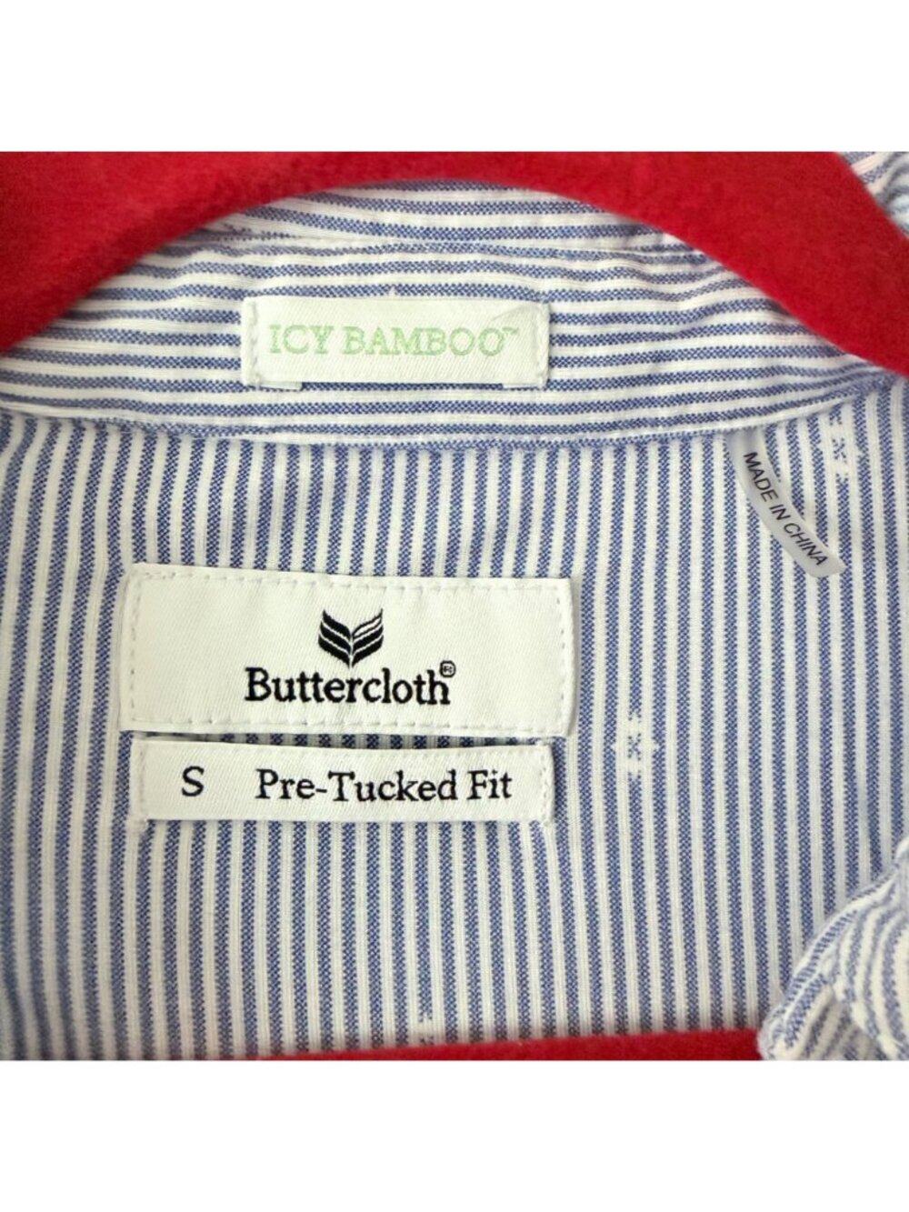 Buttercloth Icy Bamboo Pre-Tucked Fit Blue White Striped Collared Shirt Small - Picture 3 of 4